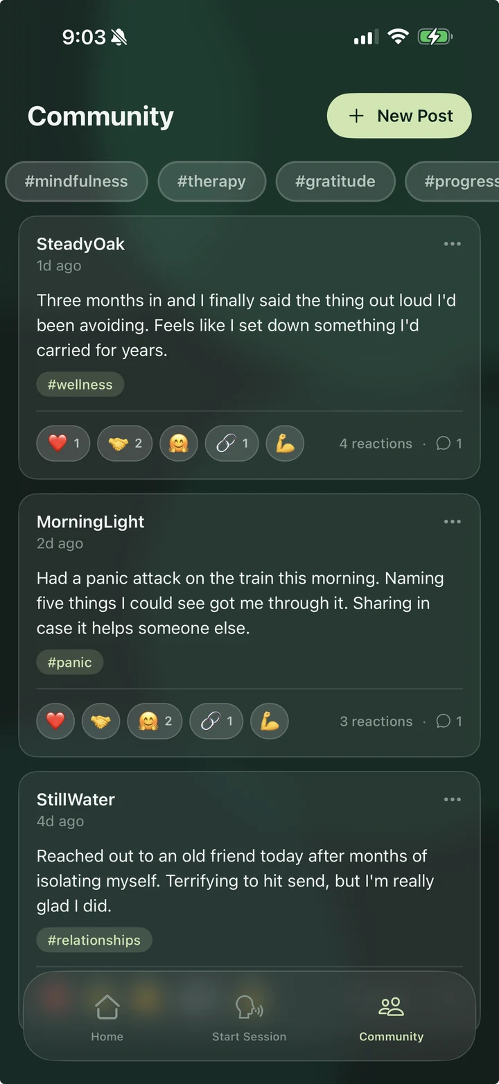 The community feed: posts under a display name, tagged, with reactions and replies