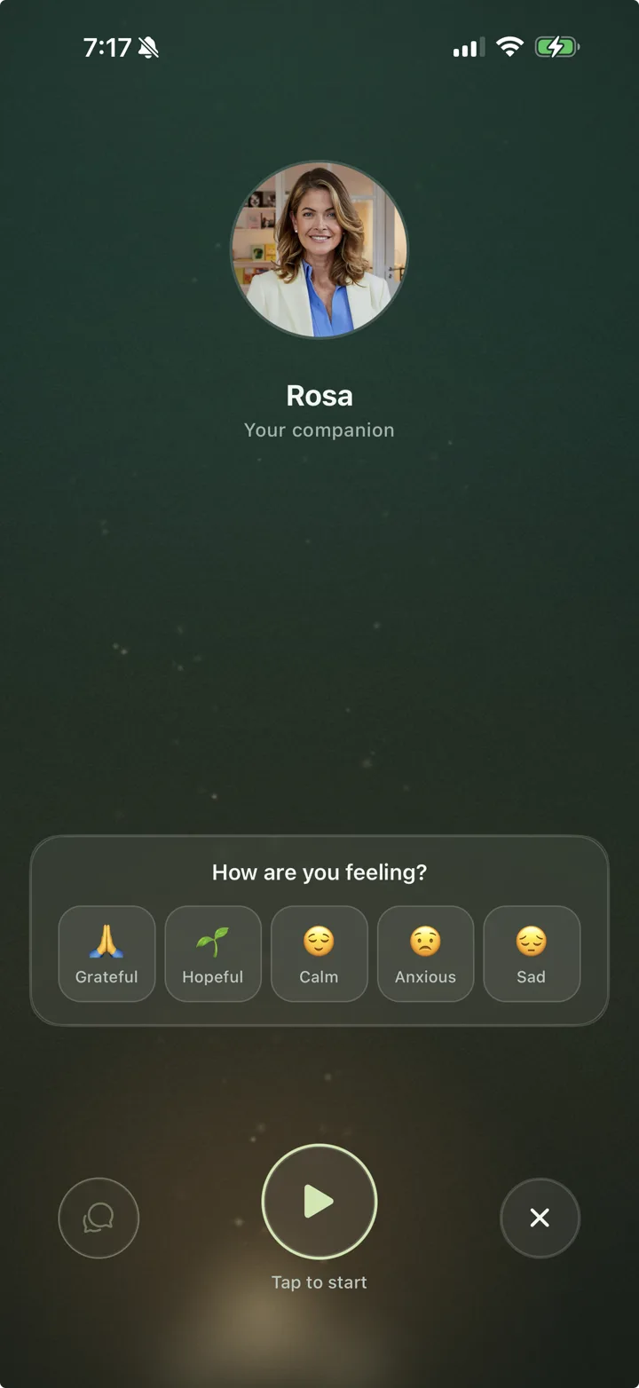 The start of a session: your companion, a mood check, and one button to begin